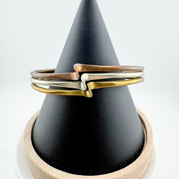 Vintage Tri Tone Mixed Metal Zigzag Cuff Bracelet Modernist Copper Brass - Picture 4 of 9